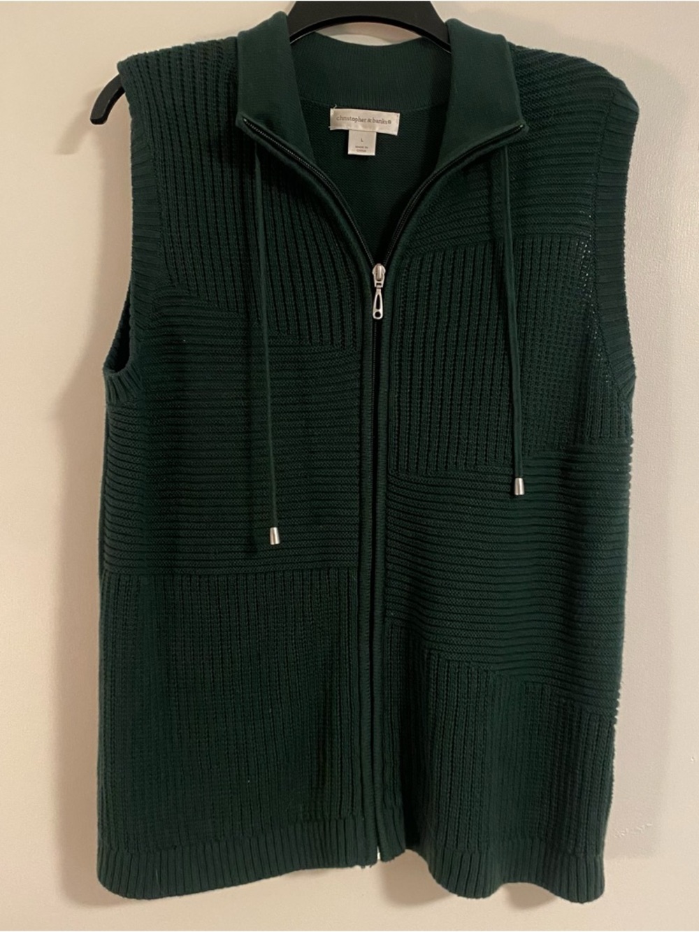 Christopher & Banks Green Knit Sleeveless Vest Ribbed Full Zip Women’s L Y2K